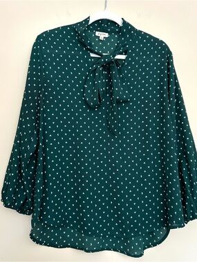 Lily White Women’s Dark Green Tie-Neck Long Sleeve Shirt